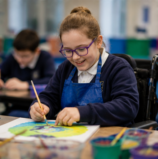 Girl painting in art class, seated in a wheelchair, smiling