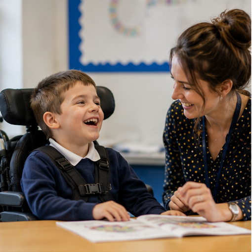 Teacher and young pupil in a powered wheelchair sharing a joyful moment over a book