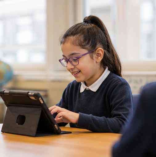 Primary school girl using a tablet device as assistive technology
