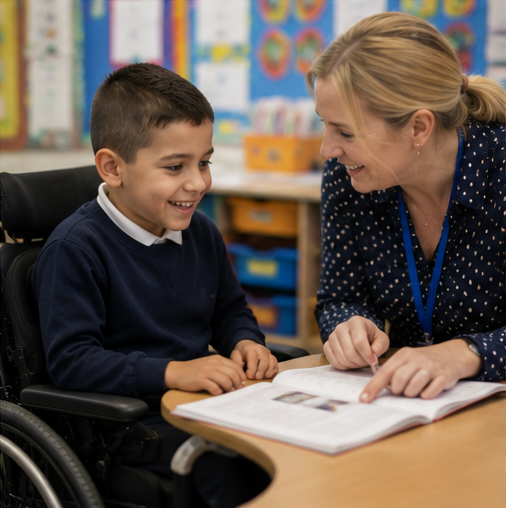 Teacher helping a boy in a wheelchair with reading in a primary classroom